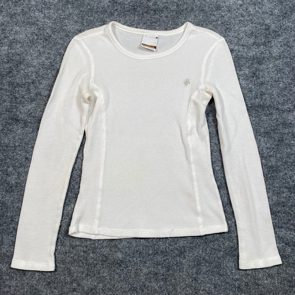 Southpole Womens White Waffle Knit‎ Thermal Long Sleeve Shirt Rhinestone Logo M